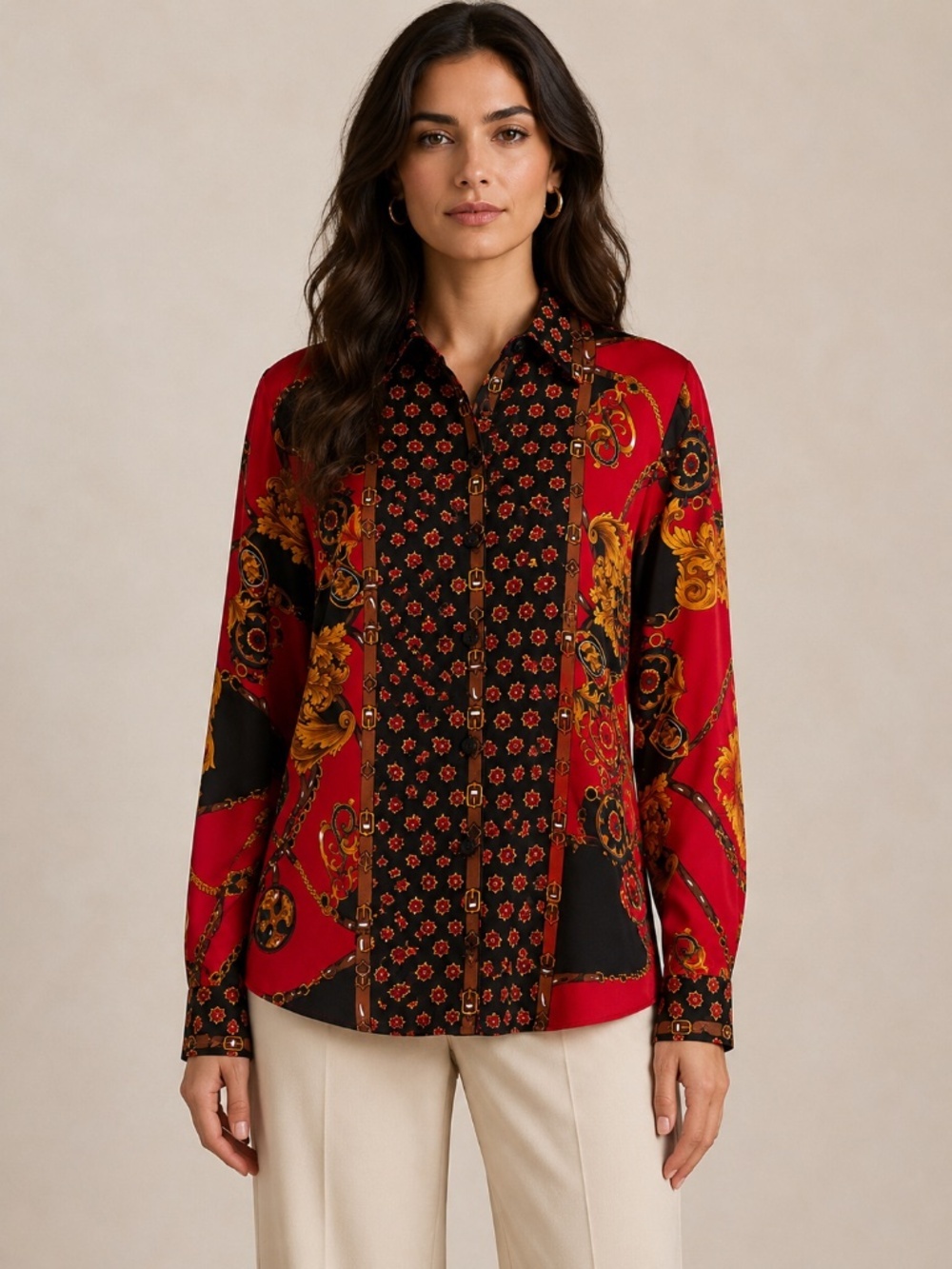 Talbots Vintage Silk Blouse Equestrian Scarf Print Baroque Chain Horsebit Red 10